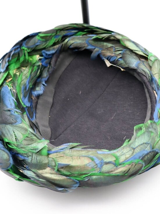 Vtg \'50s Feathered Tilt Cocktail Hat Flah & Co. Syracuse NY Green Blue & Black